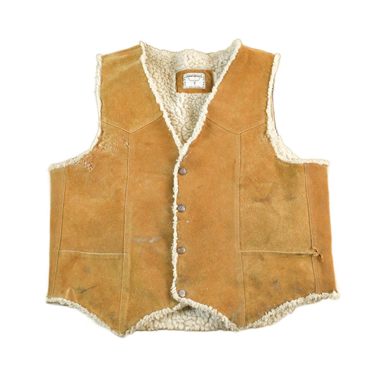 Vintage 1980s Steer Brand Western Leather Sherpa Lined Vest Jacket Men's Large from propervintagecanada
