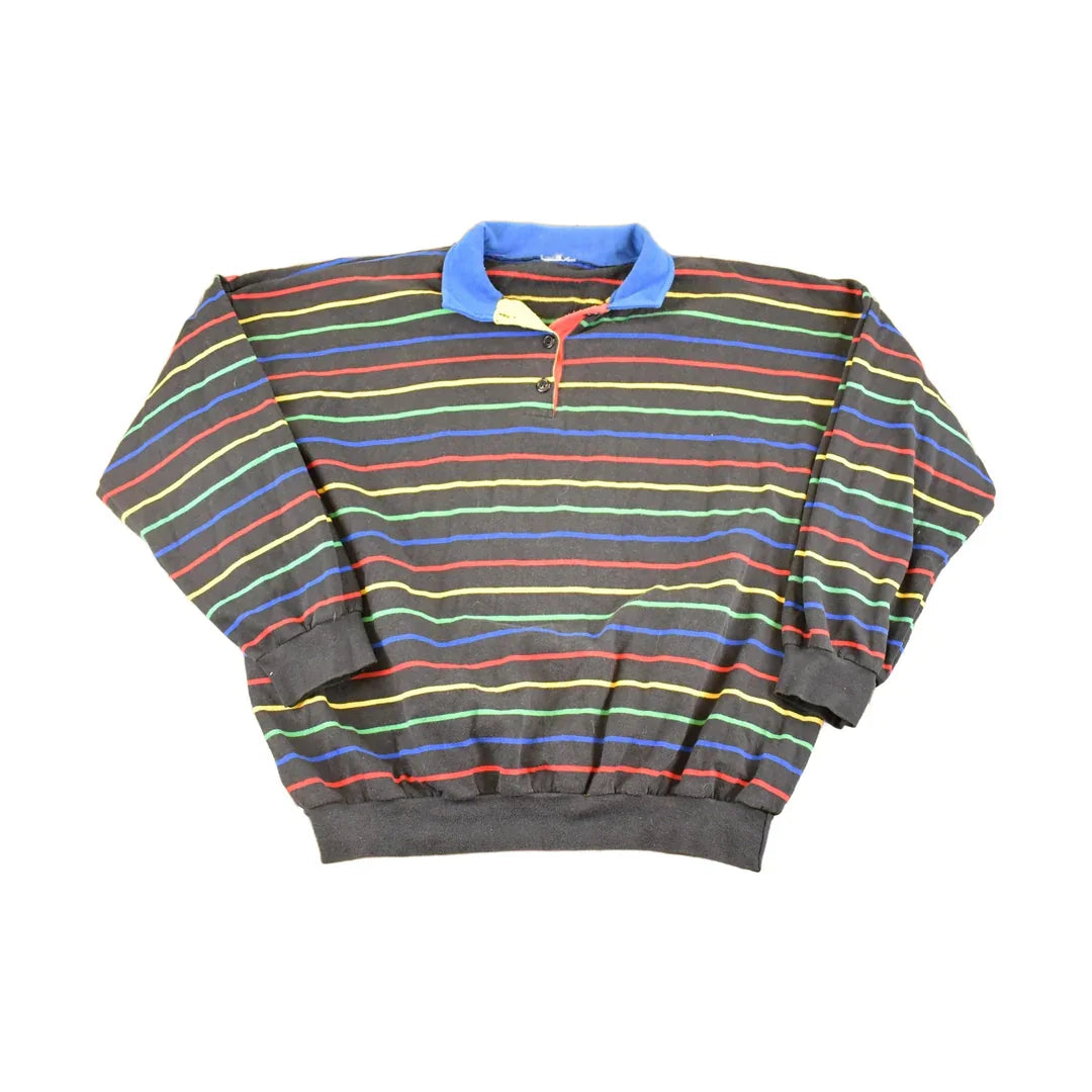 Vintage 1980s Striped Quarter Button Souvenir Crewneck Sweatshirt Men's XL from propervintagecanada