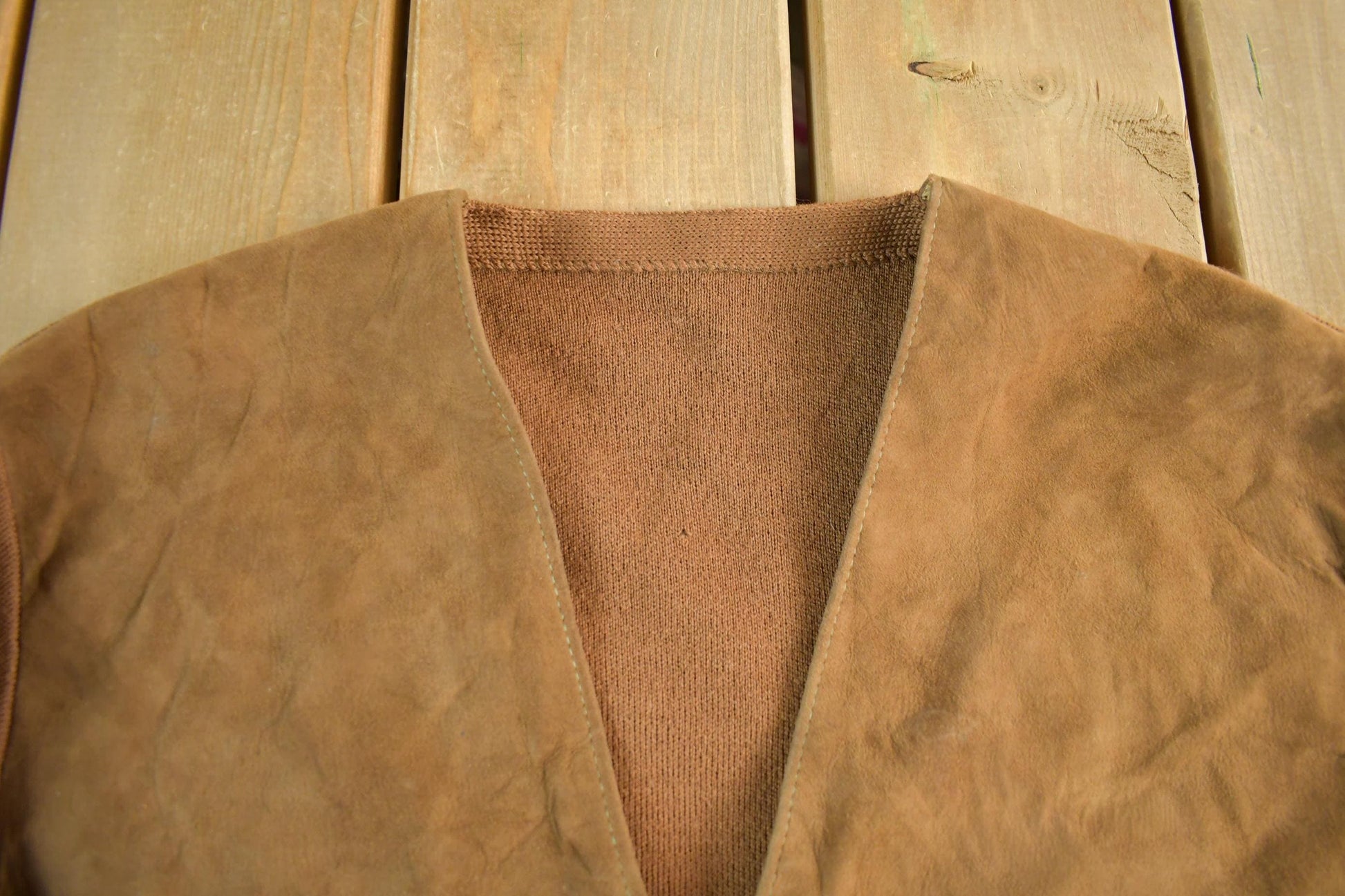 Vintage 1980s Suede Leather Knit Cardigan Sweater Men's Small from propervintagecanada