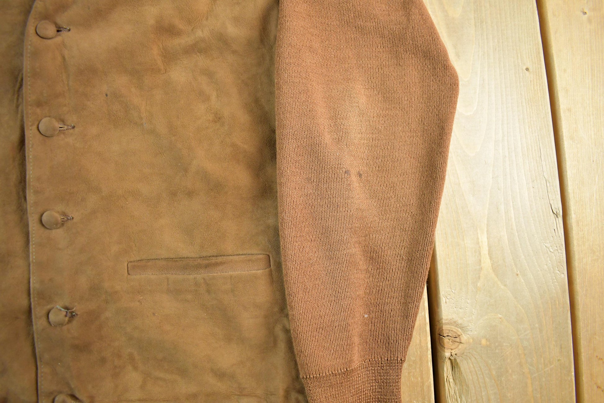 Vintage 1980s Suede Leather Knit Cardigan Sweater Men's Small from propervintagecanada