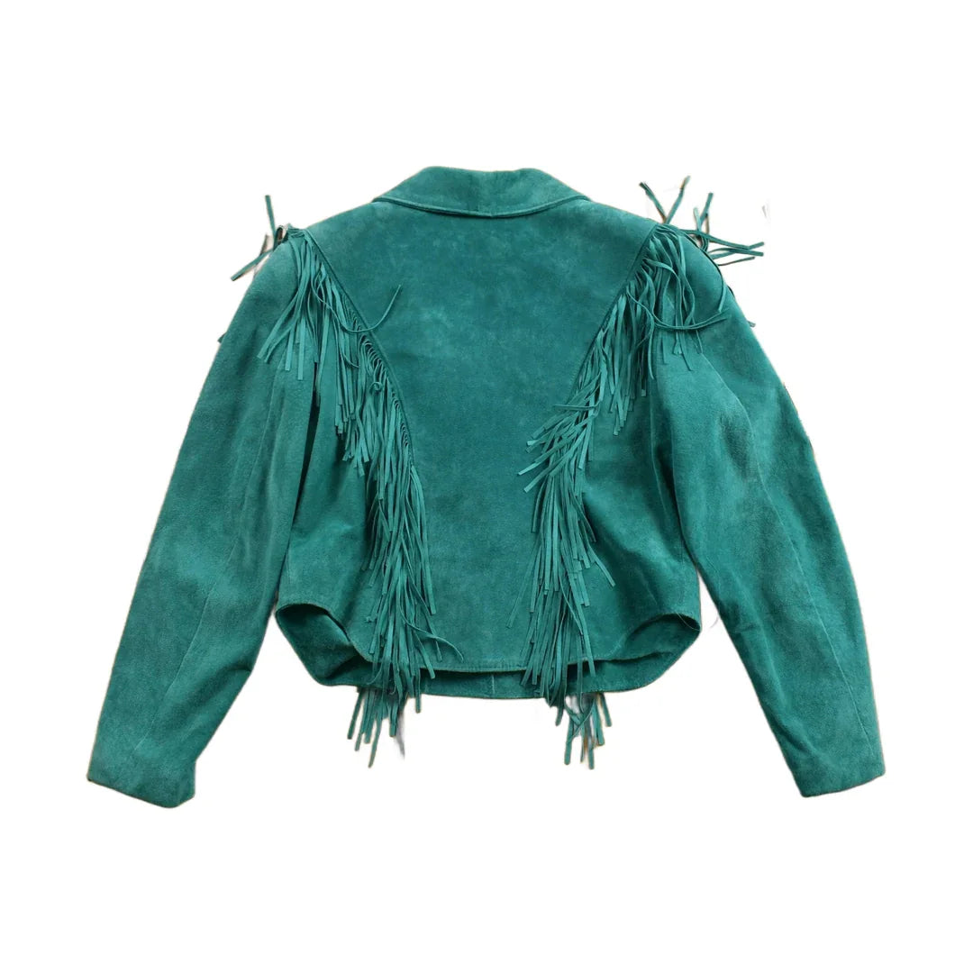 Vintage 1980s Teal Suede Fringe Jacket from propervintagecanada