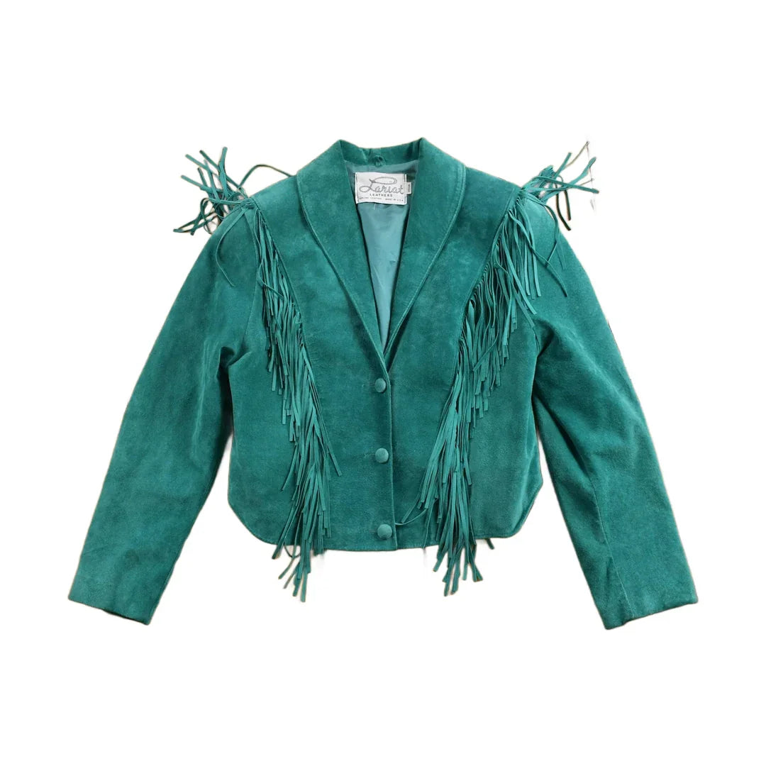 Vintage 1980s Teal Suede Fringe Jacket from propervintagecanada