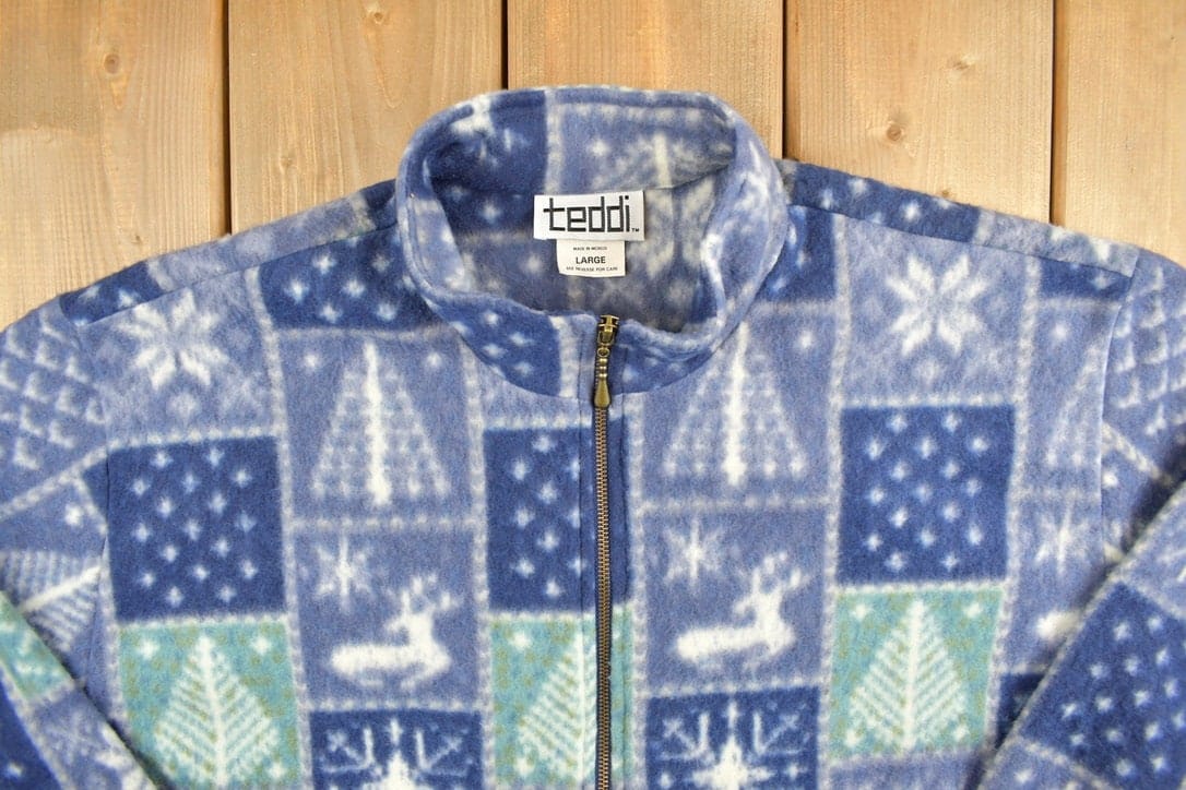 Vintage 1980s Teddi All Over Print Full Zip Fleece Sweater Men's Large from propervintagecanada