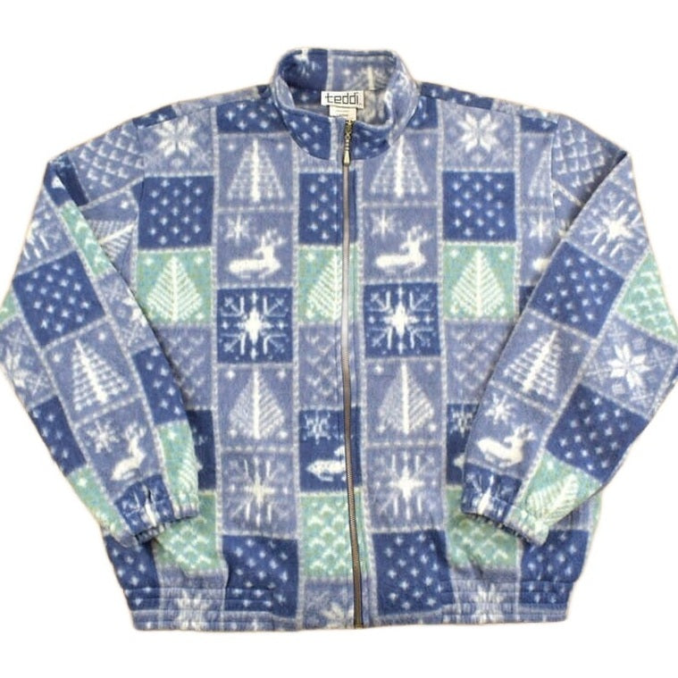 Vintage 1980s Teddi All Over Print Full Zip Fleece Sweater Men's Large from propervintagecanada
