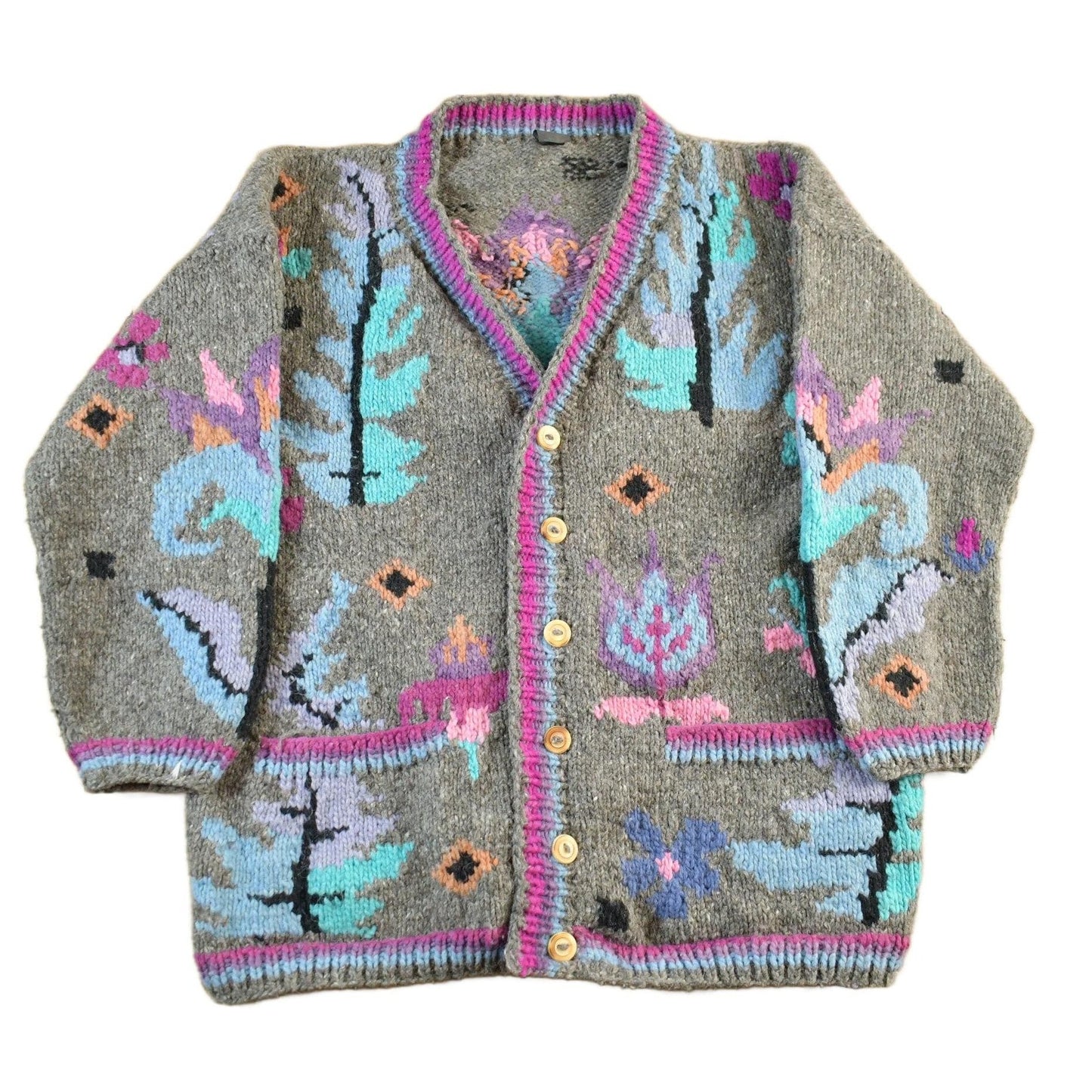 Vintage 1980s Tejidos Otavalo Wool Hand Knit Cardigan Sweater Men's L from propervintagecanada