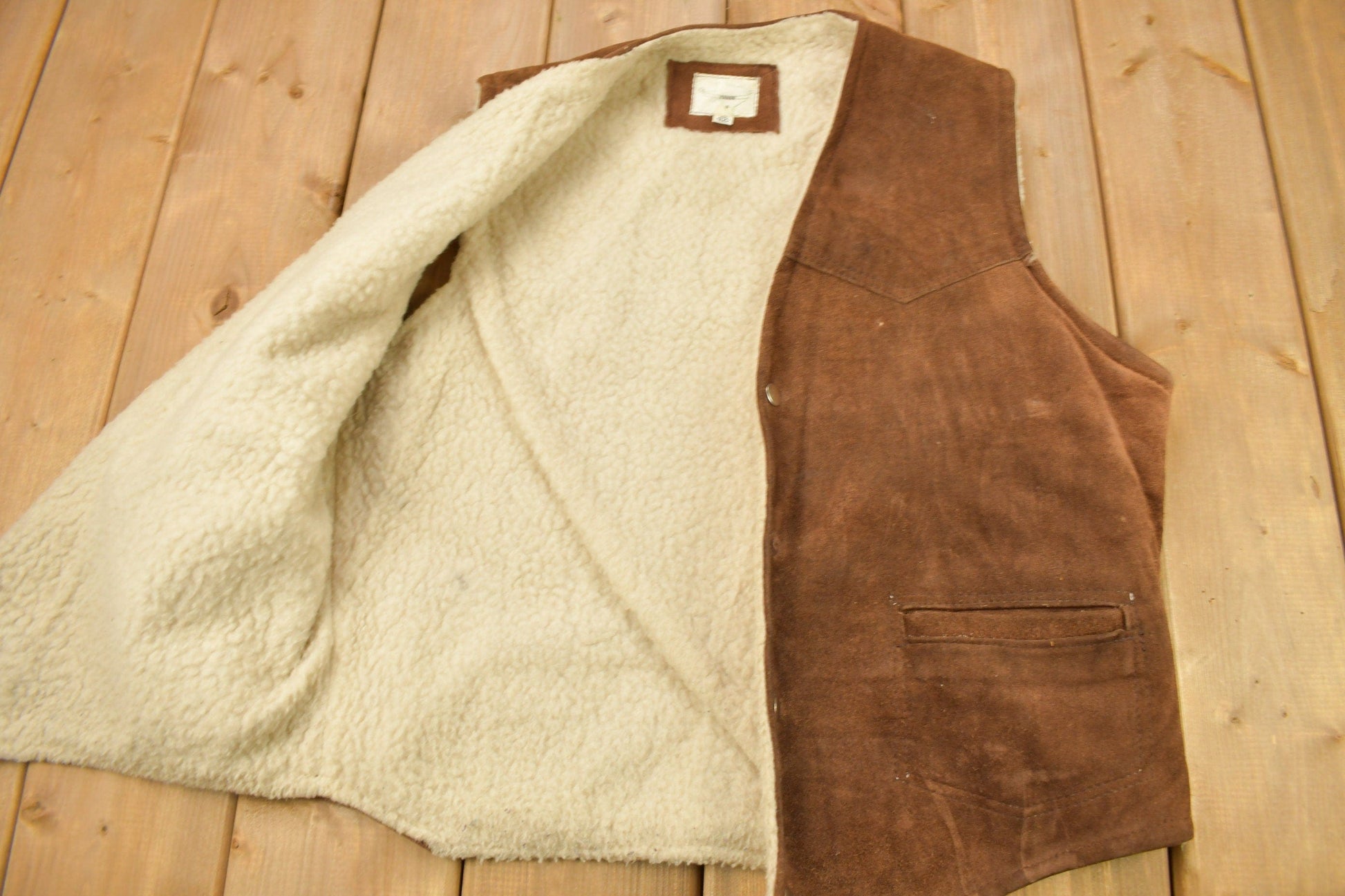 Vintage 1980s Texco Sherpa Lined Denim Button Up Vest Men's Large from propervintagecanada