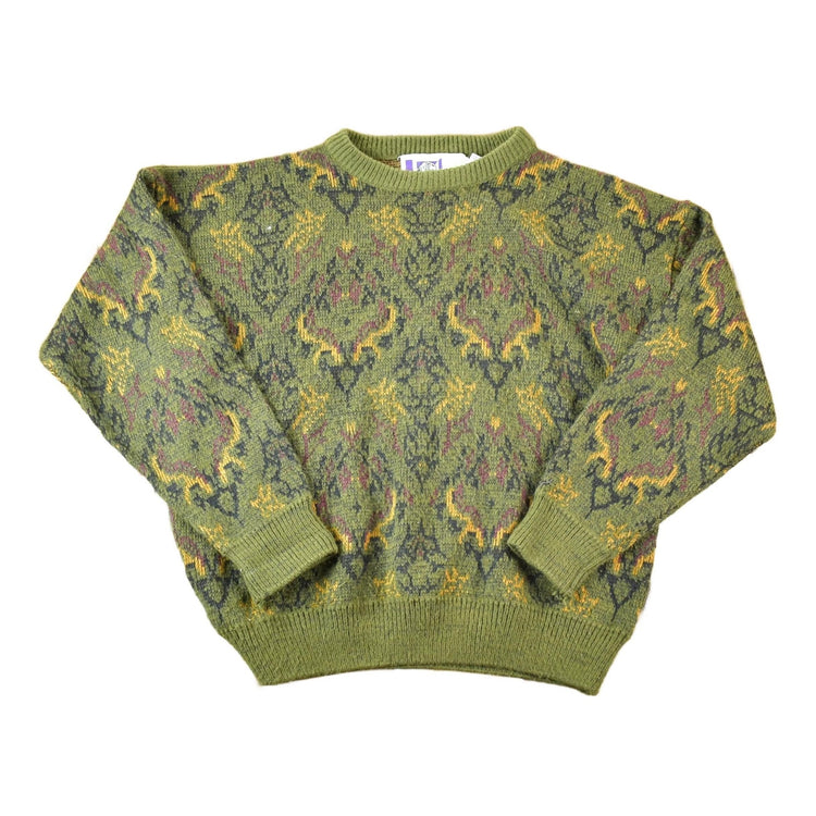 Vintage 1980s Tip Top Wool Knit Abstract Pattern Crewneck Sweater Mens L from propervintagecanada