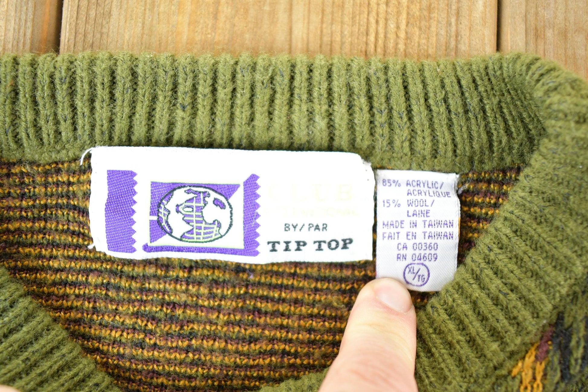 Vintage 1980s Tip Top Wool Knit Abstract Pattern Crewneck Sweater Mens L from propervintagecanada