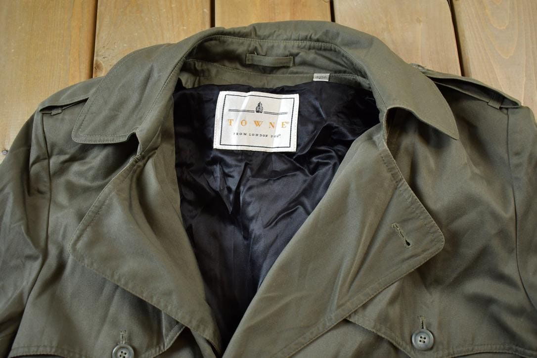 Vintage 1980s Towne London Fog Full Length Double Breasted Trench Coat Men's Large from propervintagecanada