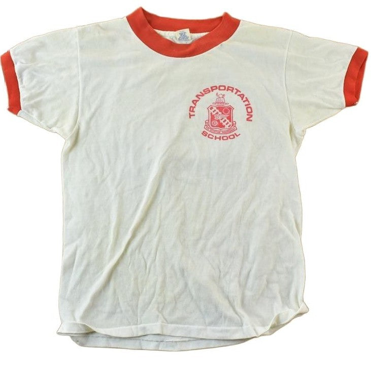 Vintage 1980s Transportation School Ringer Souvenir Single Stitch Graphic Print T-Shirt Men's XS from propervintagecanada