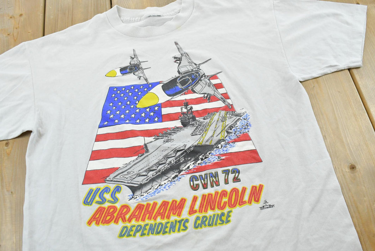 Vintage 1980s USS Abraham Lincoln CVN 72 American Flag Jets Military Souvenir T-Shirt Mens M from propervintagecanada