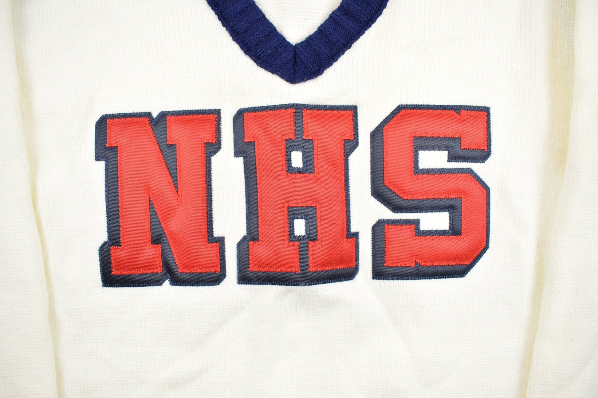 Vintage 1980s Varsity Sweater 'NHS' Knit V-Neck Sweater Men's Small from propervintagecanada