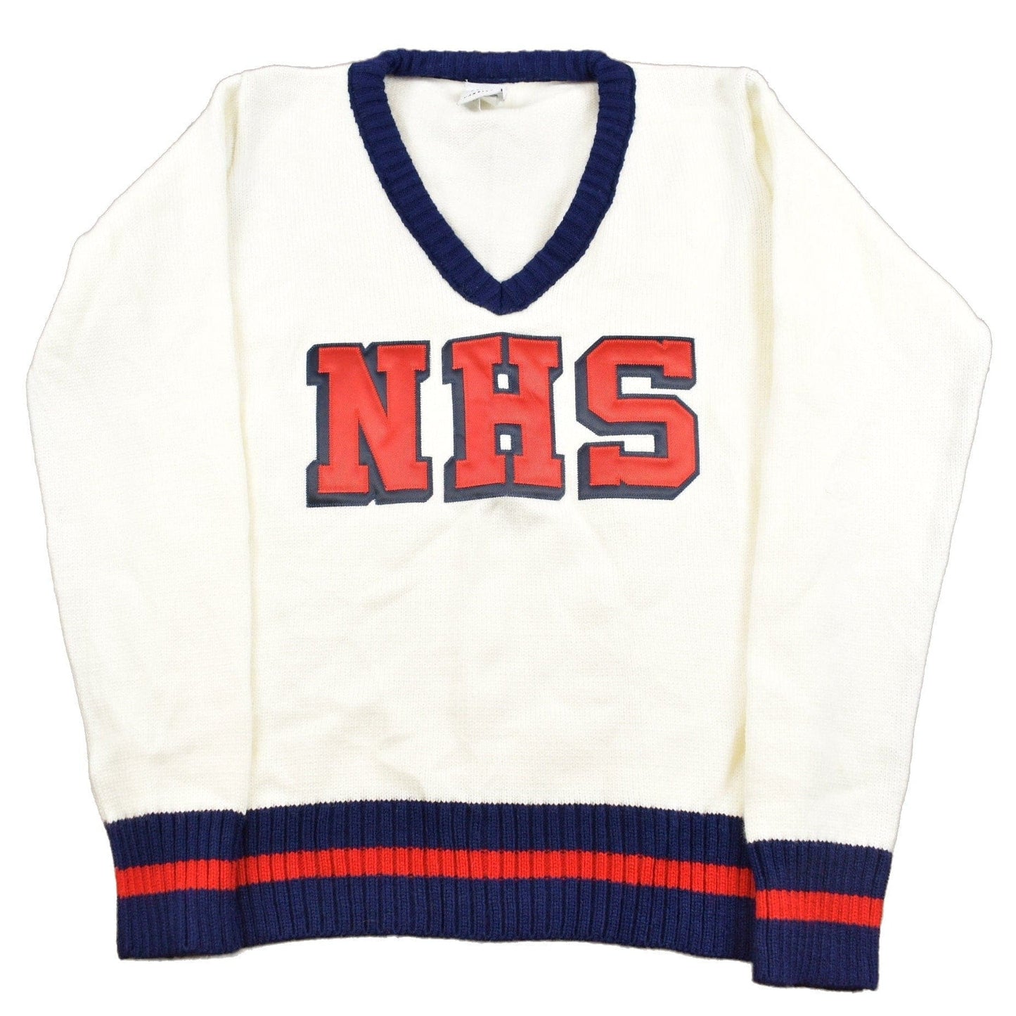 Vintage 1980s Varsity Sweater 'NHS' Knit V-Neck Sweater Men's Small from propervintagecanada