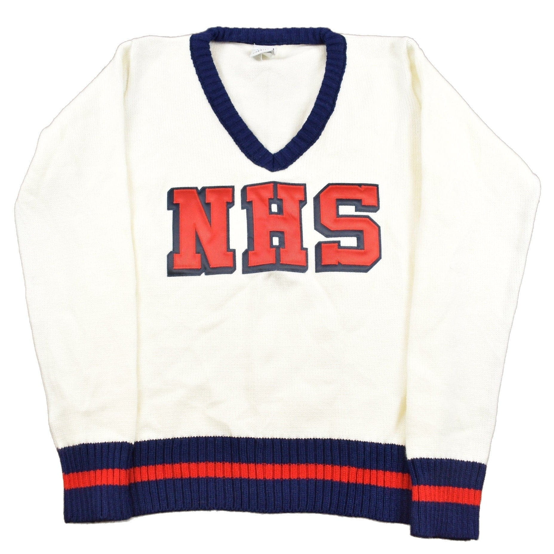Vintage 1980s Varsity Sweater 'NHS' Knit V-Neck Sweater Men's Small from propervintagecanada