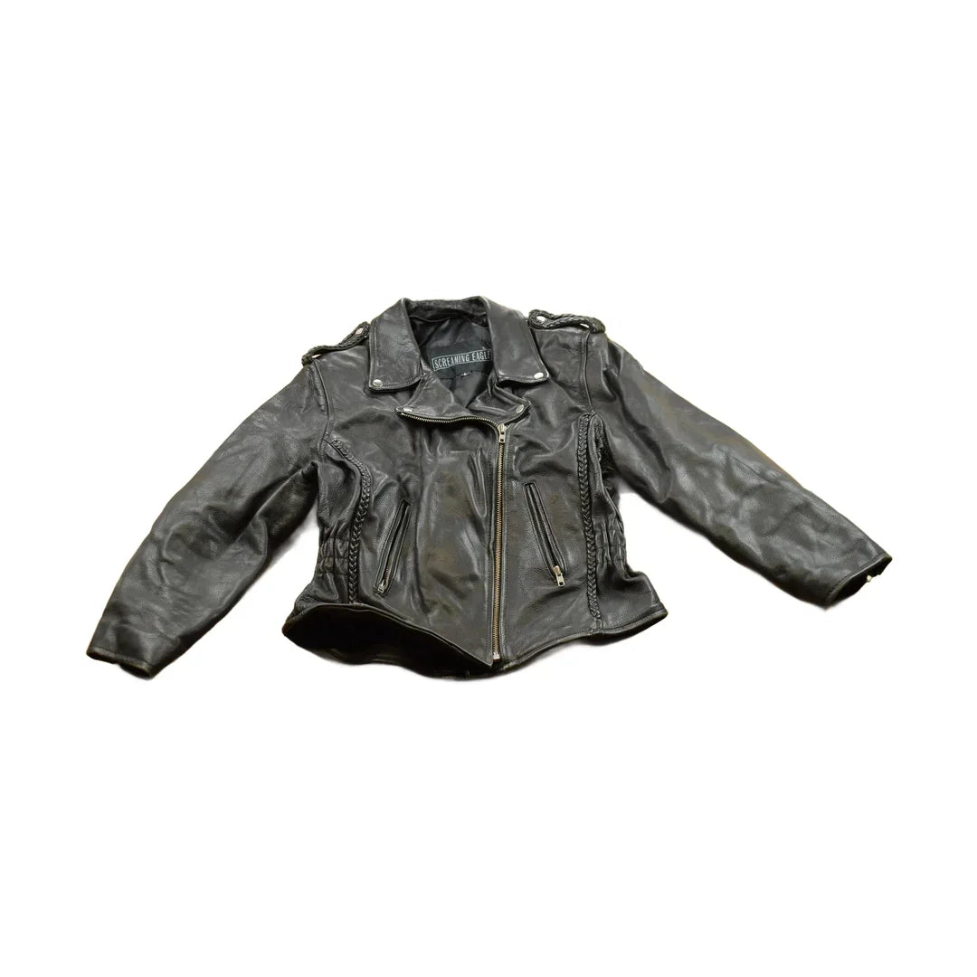 Vintage 1980s Womens Leather Braid Stud Biker Jacket from propervintagecanada