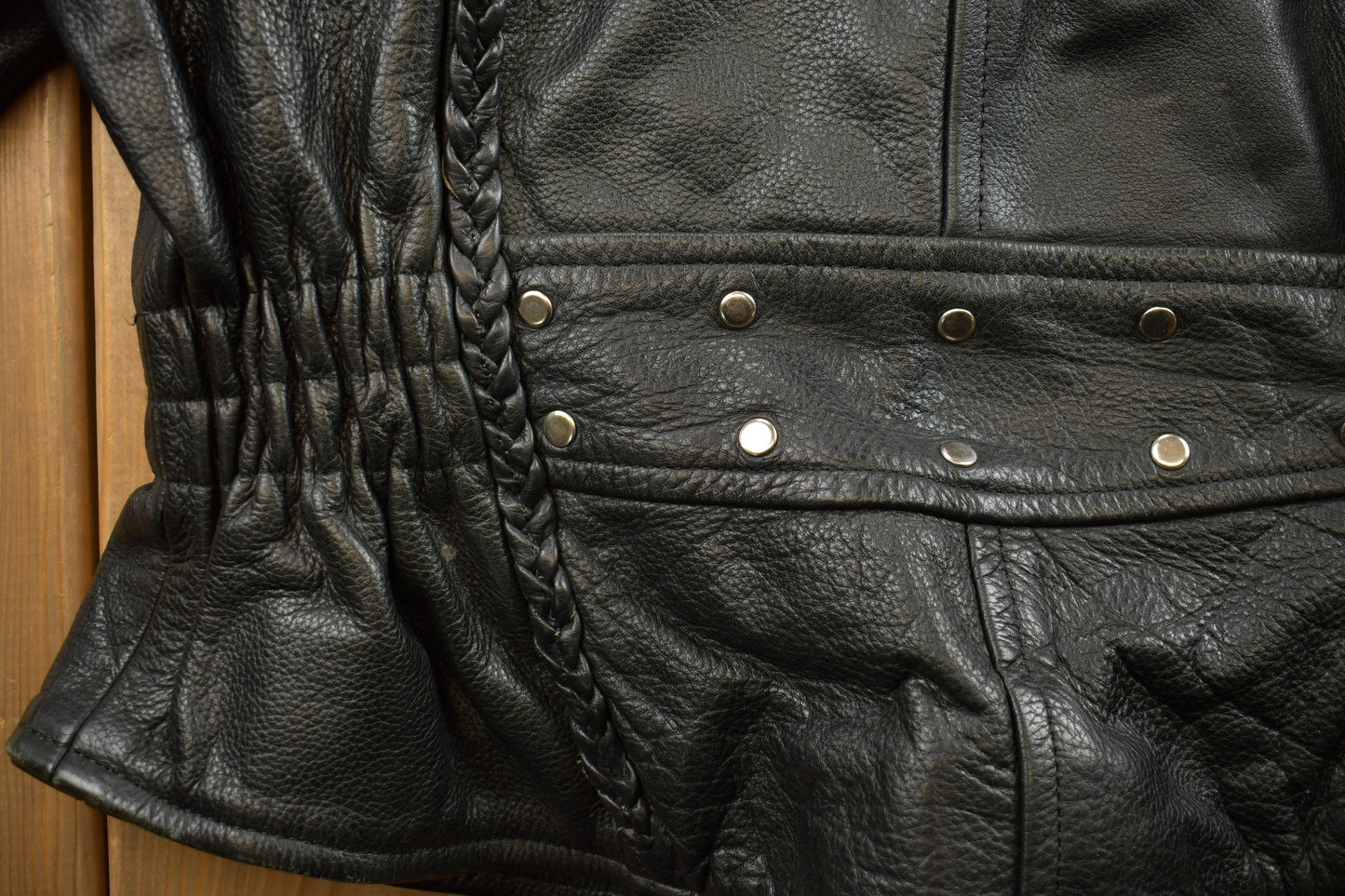 Vintage 1980s Womens Leather Braid Stud Biker Jacket from propervintagecanada