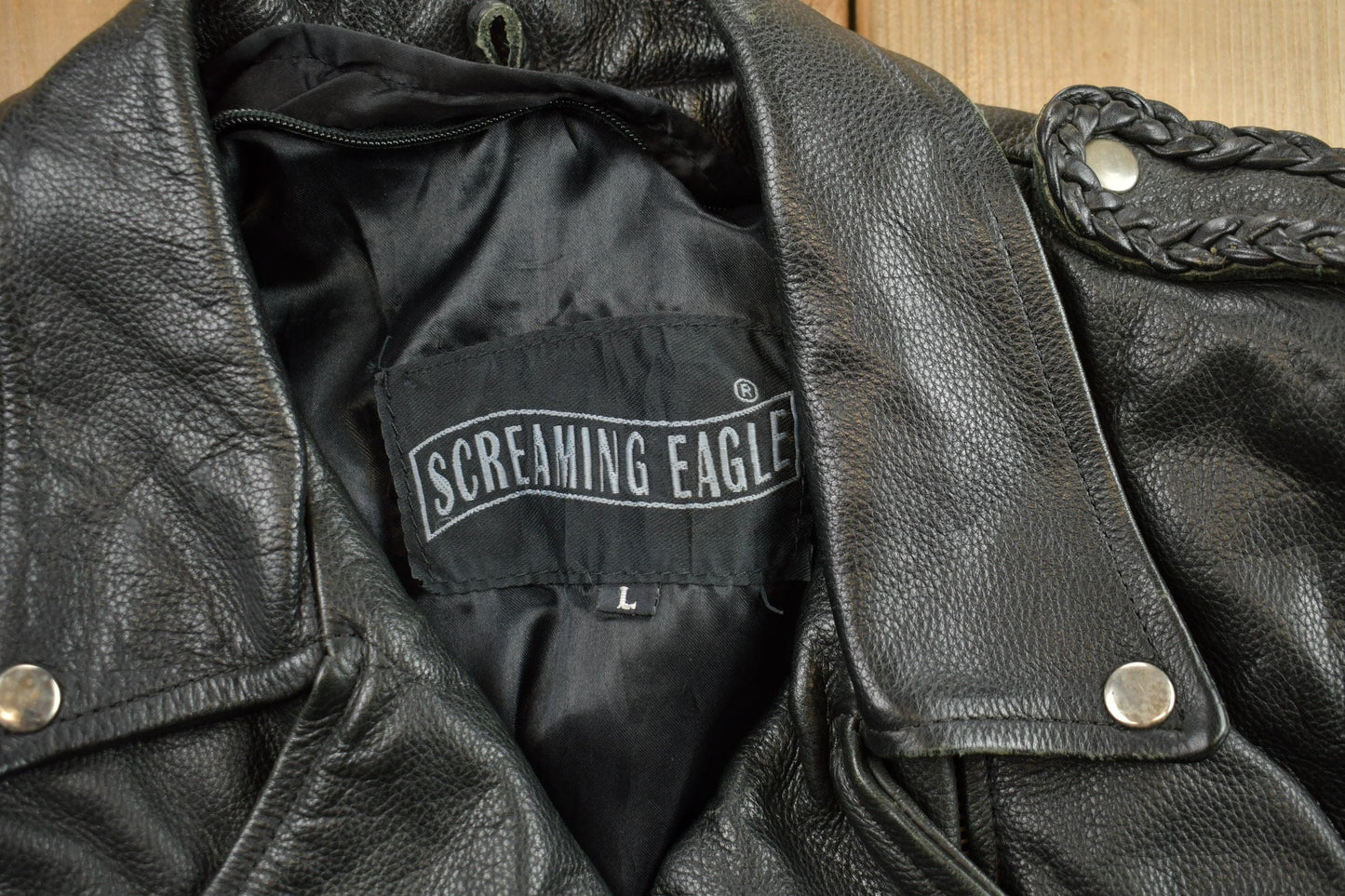 Vintage 1980s Womens Leather Braid Stud Biker Jacket from propervintagecanada