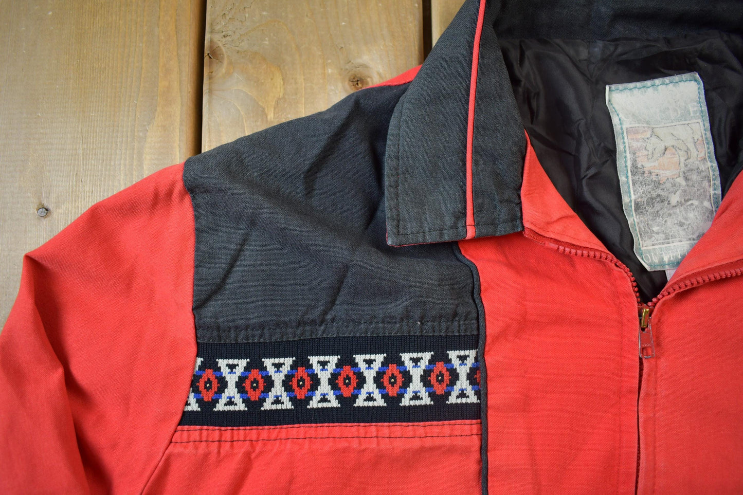 Vintage 1980s Workwear Bomber Jacket Aztec Print Men's XL from propervintagecanada