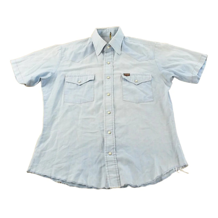 Vintage 1980s Wrangler Denim South Western Style Pearl Snap Button Up Chambray Short Sleeve Shirt Mens M from propervintagecanada