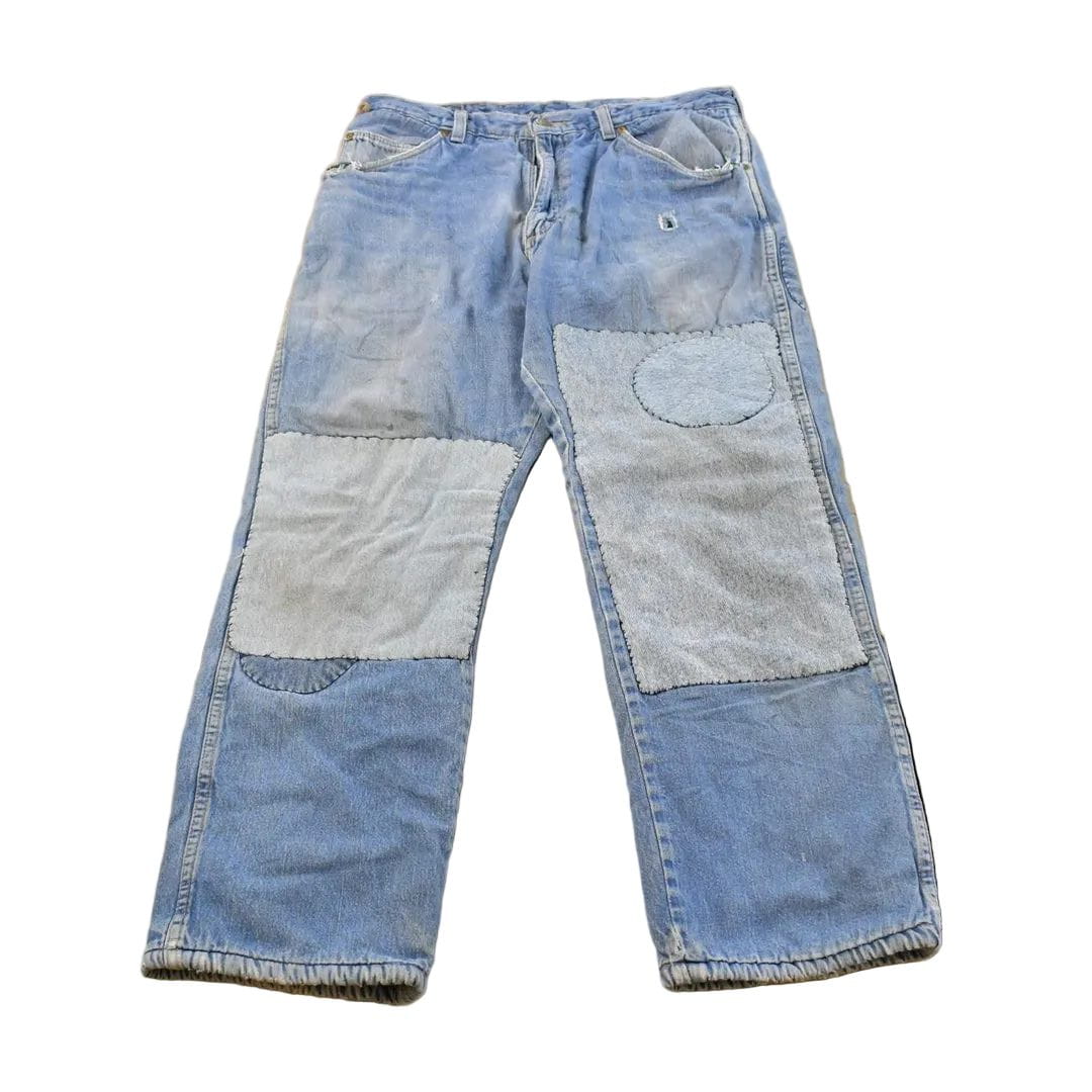 Vintage 1980s Wrangler Fleece Lined Patchwork Denim Jeans Men's 32 x 27 from propervintagecanada