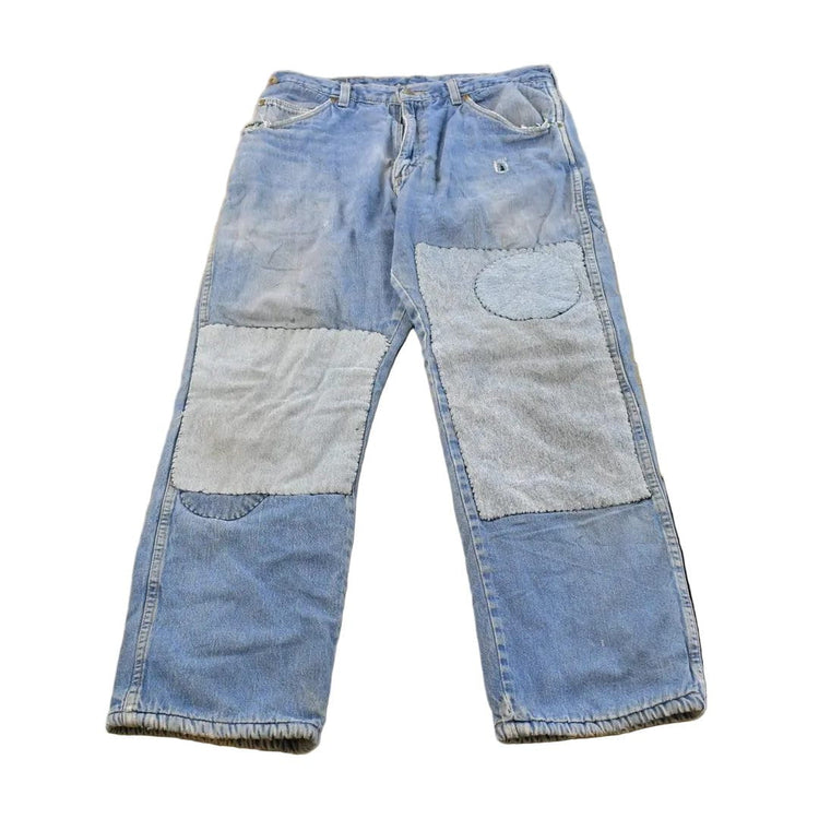 Vintage 1980s Wrangler Fleece Lined Patchwork Denim Jeans Men's 32 x 27 from propervintagecanada