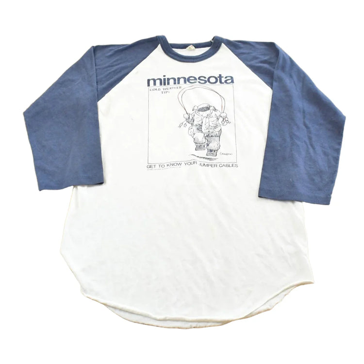Vintage 1983 Minnesota Cold Weather Jumper Cables Guidon Raglan T-Shirt Mens S from propervintagecanada