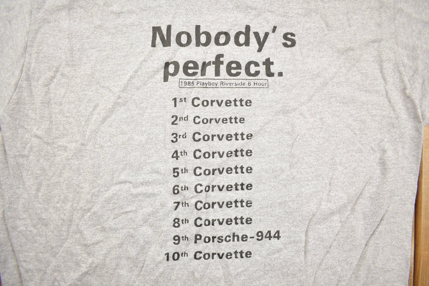 Vintage 1985 Nobody's Perfect Car Ranking Graphic T Shirt Men's XS from propervintagecanada