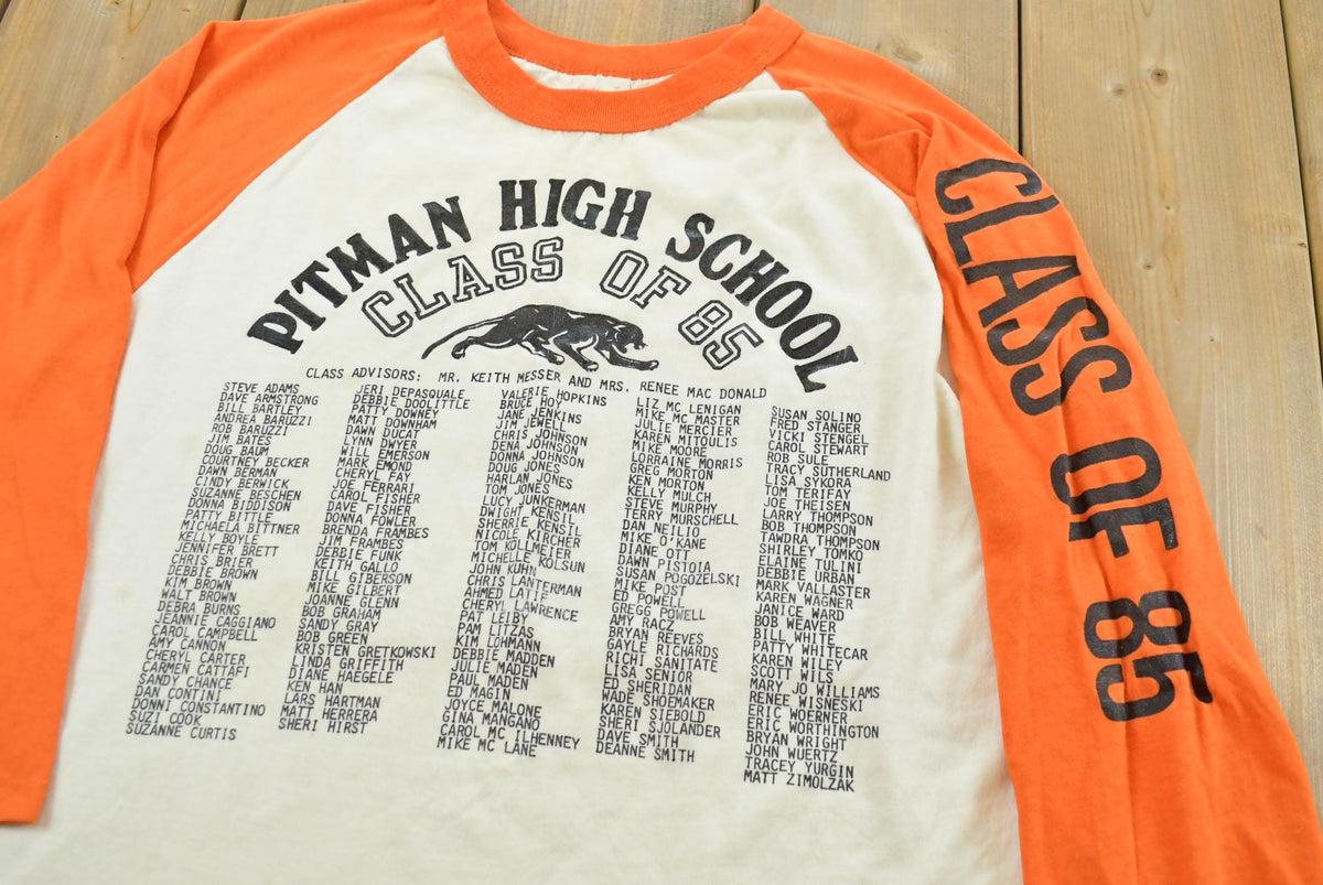 Vintage 1985 Pitman High School Class Of 85 Three Quarter Sleeve Raglan T Shirt Mens L from propervintagecanada