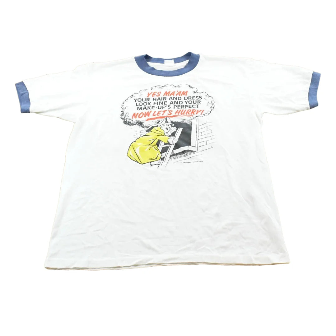 Vintage 1987 Firefighter Funny Comedy Ringer T-Shirt Mens L from propervintagecanada