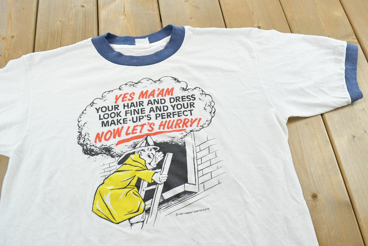Vintage 1987 Firefighter Funny Comedy Ringer T-Shirt Mens L from propervintagecanada