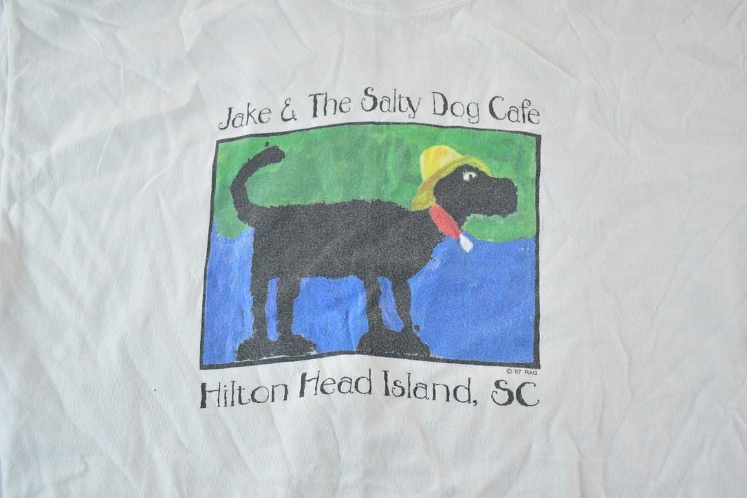 Vintage 1987 Jake The Salty Dog Cafe Hilton Head Island Souvenir Single Stitch Graphic Print T-Shirt Men's Small from propervintagecanada