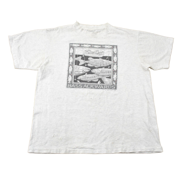 Vintage 1988 Bass Ackwards Fish Ray Troll Graphic T-Shirt Men's Medium from propervintagecanada