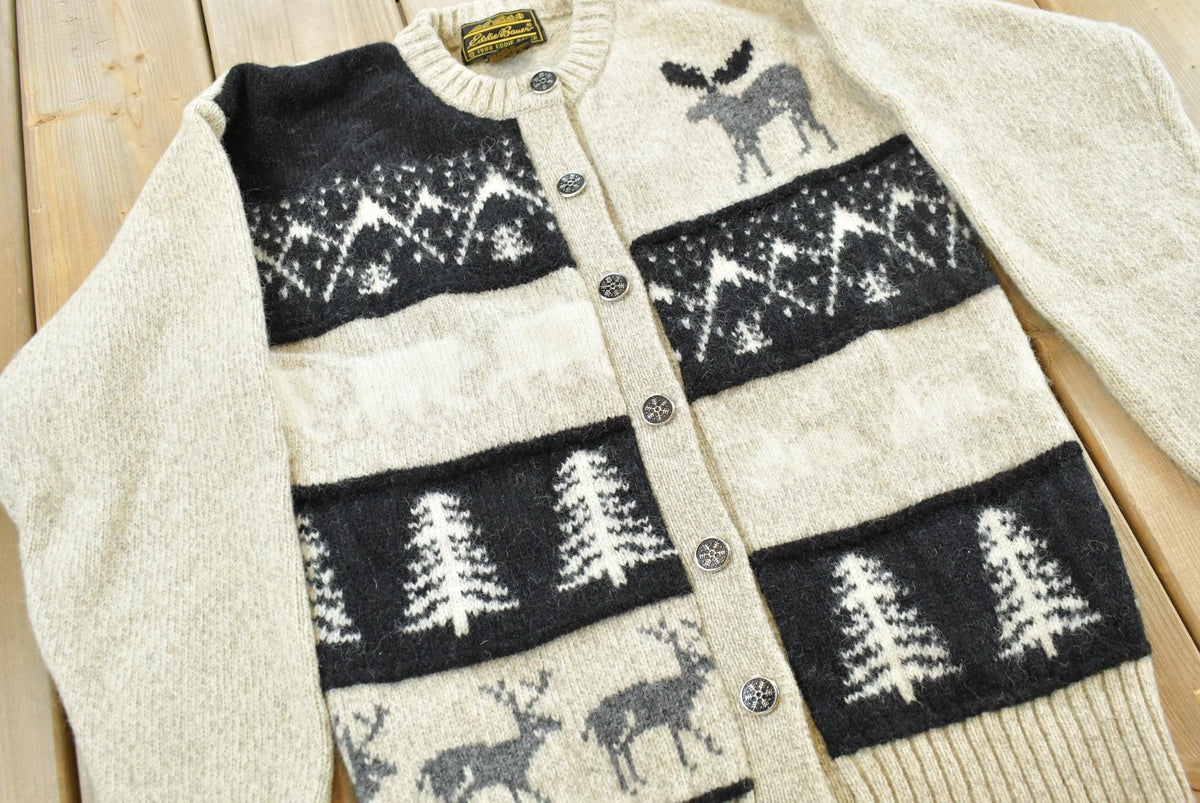 Vintage 1988 Eddie Bauer Wool Knit Animal Nature Cardigan Mens S from propervintagecanada
