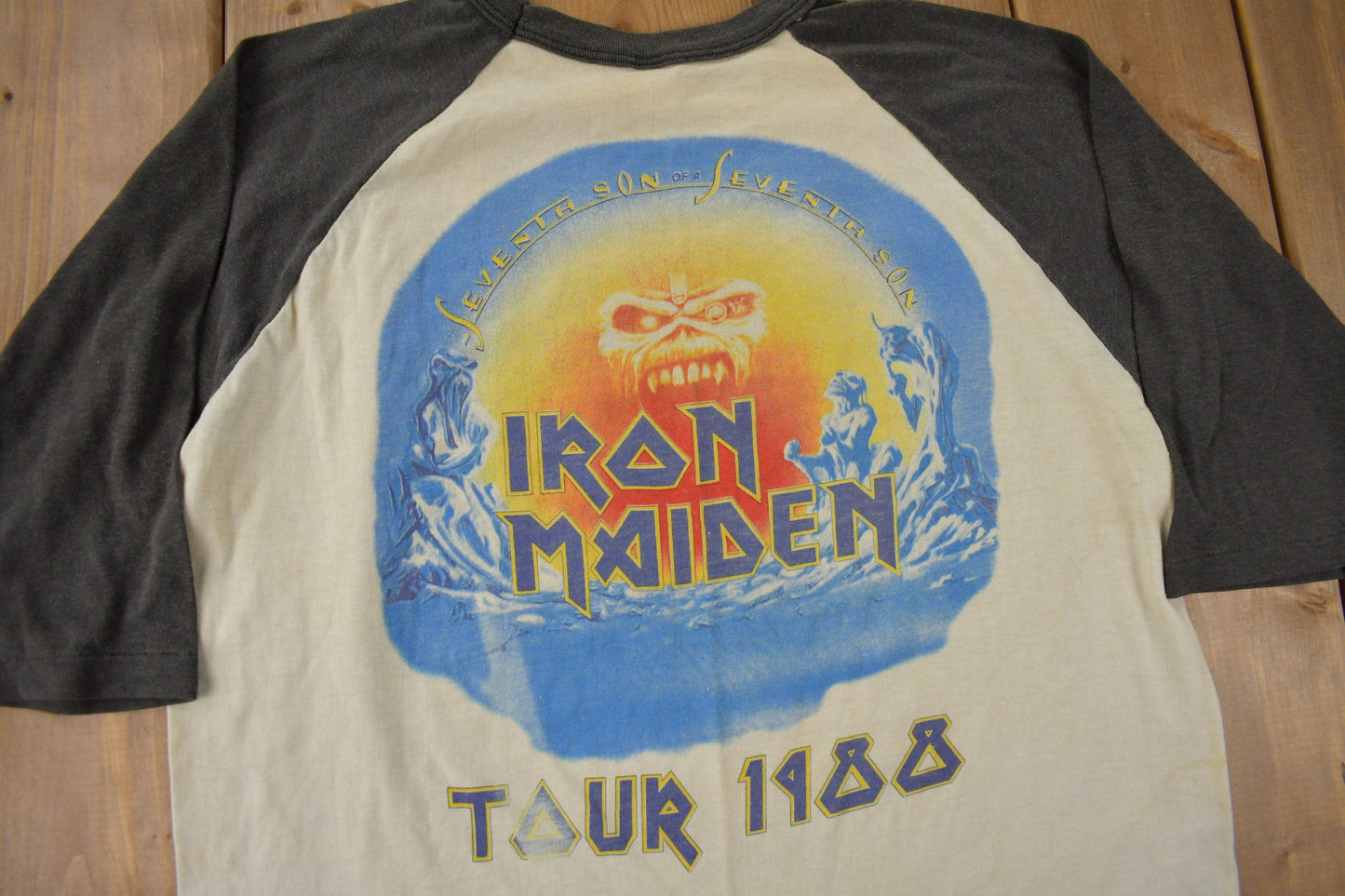 Vintage 1988 Iron Maiden Seventh Son Of A Seventh Son Raglan Band Tee Made In USA from propervintagecanada