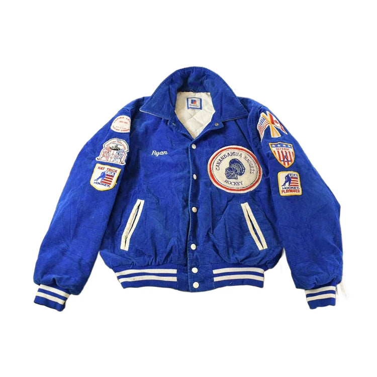 Vintage 1989 Canandaigua Hockey Corduroy Snap Button Varsity Jacket Men's Large / Patchwork / Sportswear Coat from propervintagecanada