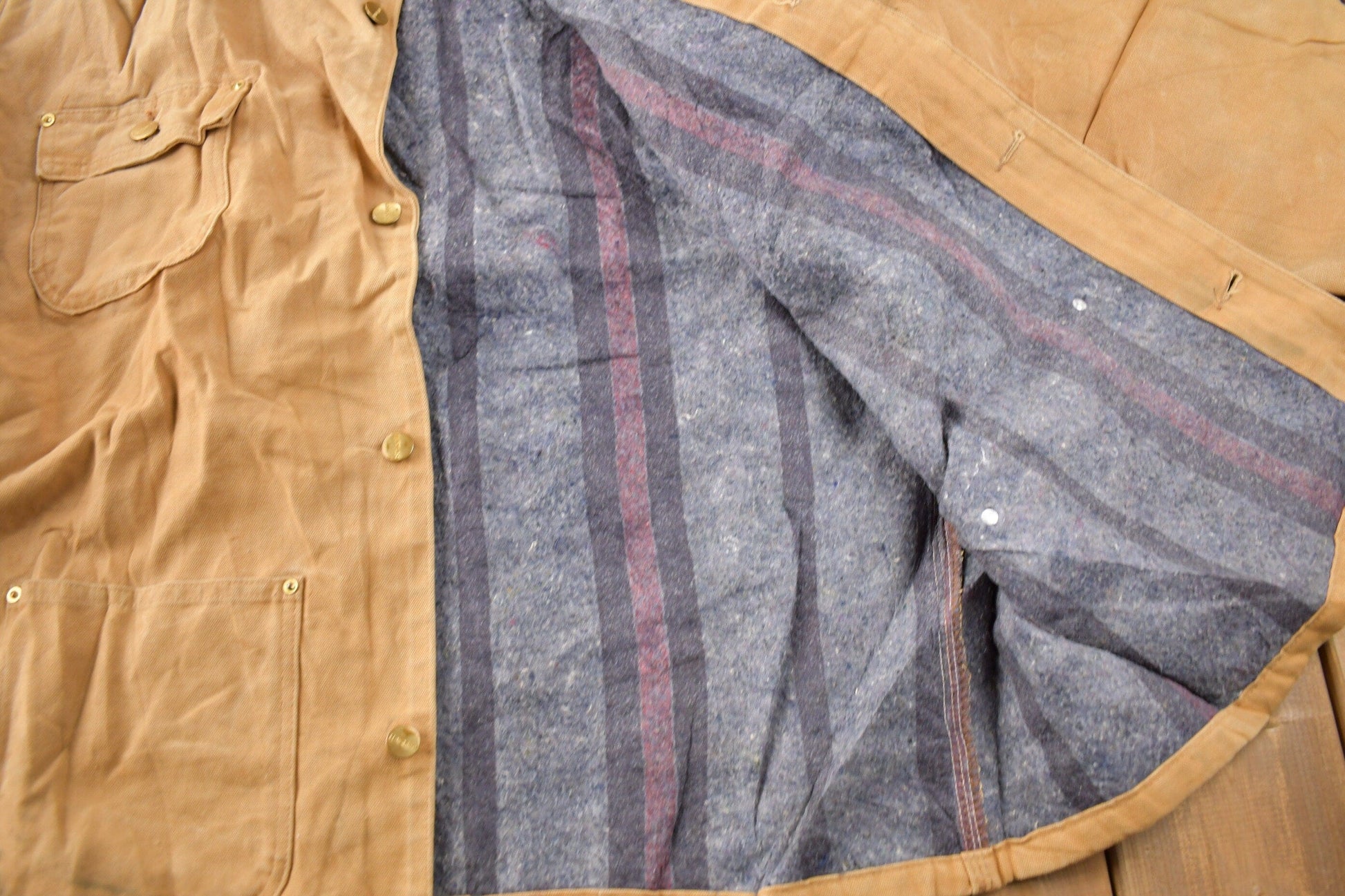 Vintage 1989 Carhartt 100 Years Blanket Lined Button Up Chore Coat Men's Large from propervintagecanada