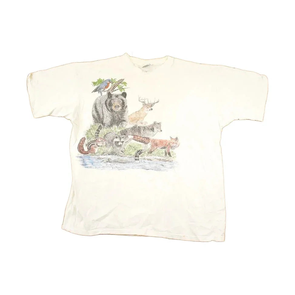 Vintage 1989 Harlequin Forest Animals FAB Outdoorsman Souvenir Travel T-Shirt Men's XL from propervintagecanada