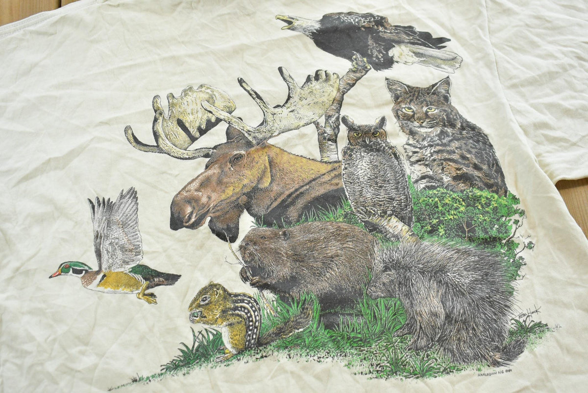 Vintage 1989 Harlequin Forest Animals Nature T-Shirt Men's XL from propervintagecanada