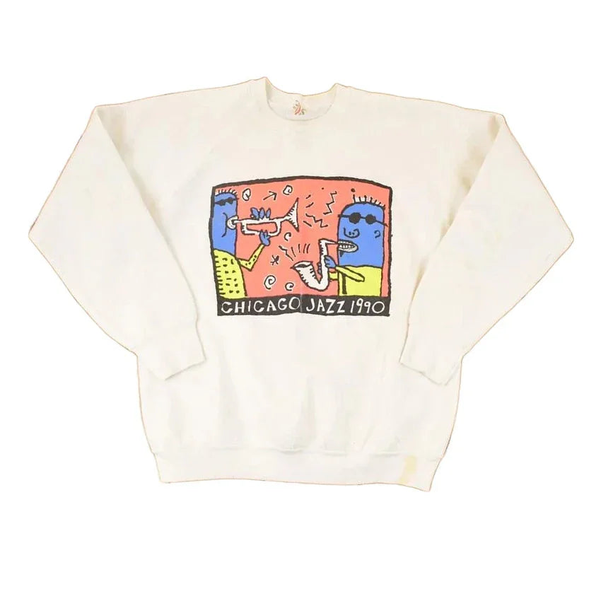 Vintage 1990 Chicago Jazz Music Cartoon Graphic Print Crewneck Sweatshirt Men's L from propervintagecanada