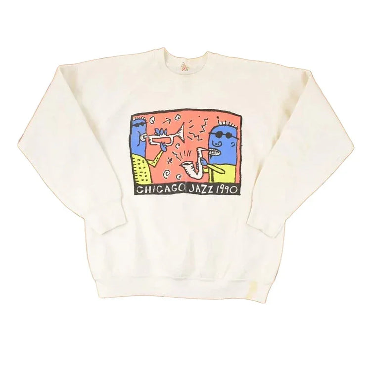 Vintage 1990 Chicago Jazz Music Cartoon Graphic Print Crewneck Sweatshirt Men's L from propervintagecanada