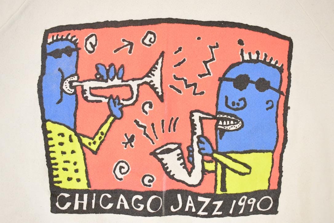 Vintage 1990 Chicago Jazz Music Cartoon Graphic Print Crewneck Sweatshirt Men's L from propervintagecanada
