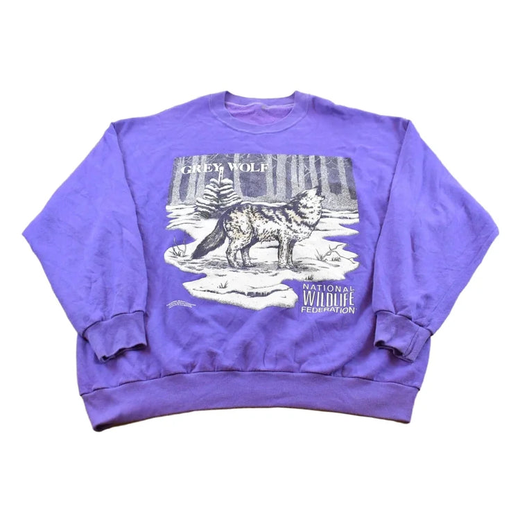 Vintage 1990 National Wildlife Federation Grey Wolf Nature Sweatshirt Men's XL from propervintagecanada