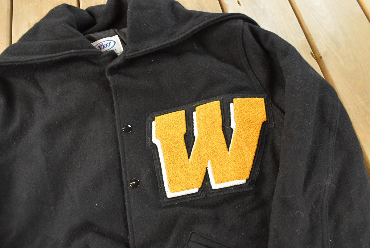 Vintage 1990 Neff Chenille Patch Split Hood Bulldogs Lined Wool Varsity Bomber Jacket Men's M / Made in USA / 90s Streetwear from propervintagecanada