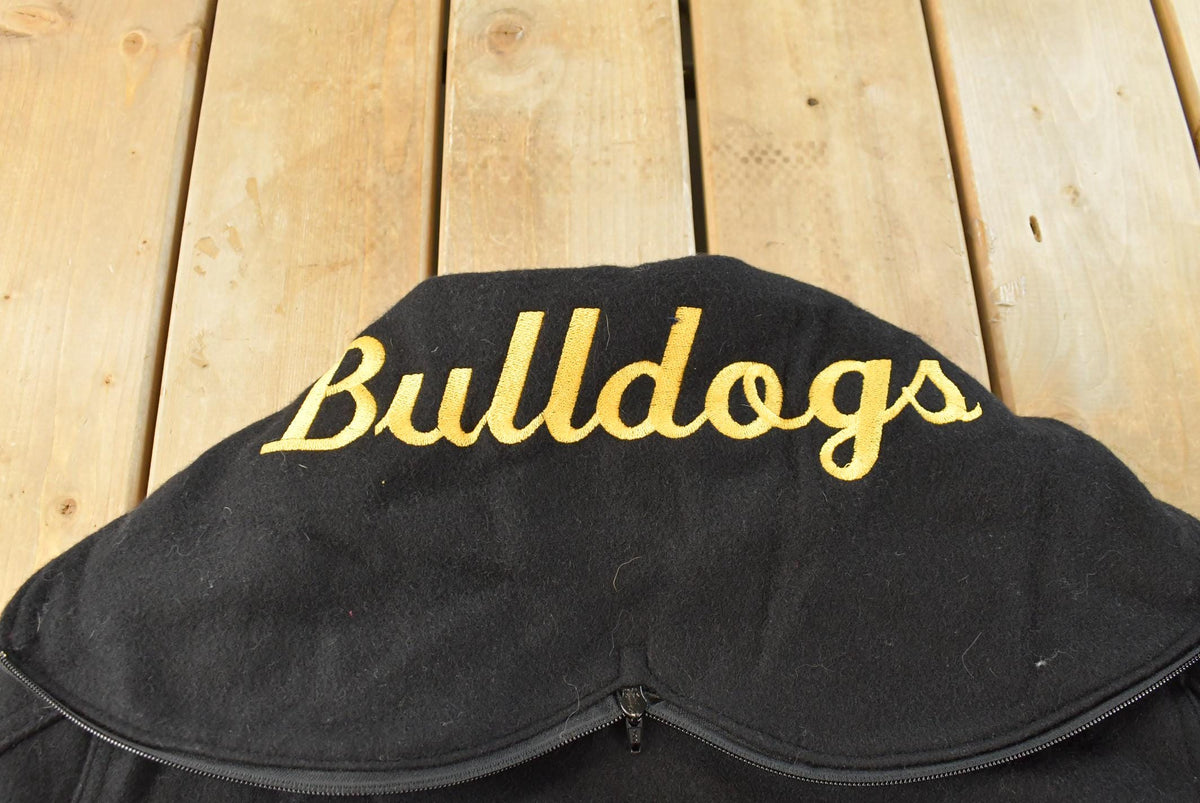 Vintage 1990 Neff Chenille Patch Split Hood Bulldogs Lined Wool Varsity Bomber Jacket Men's M / Made in USA / 90s Streetwear from propervintagecanada