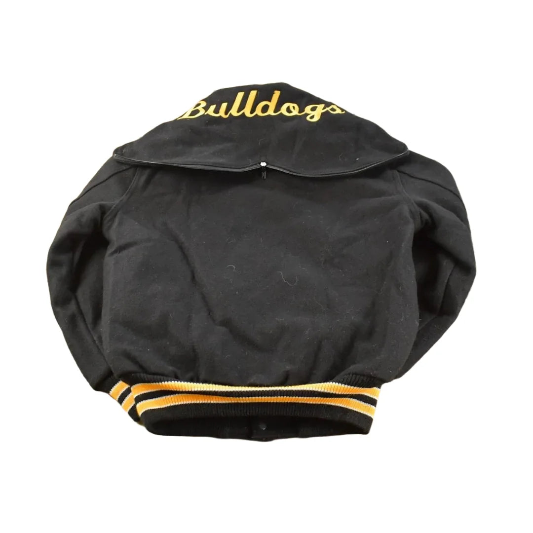 Vintage 1990 Neff Chenille Patch Split Hood Bulldogs Lined Wool Varsity Bomber Jacket Men's M / Made in USA / 90s Streetwear from propervintagecanada