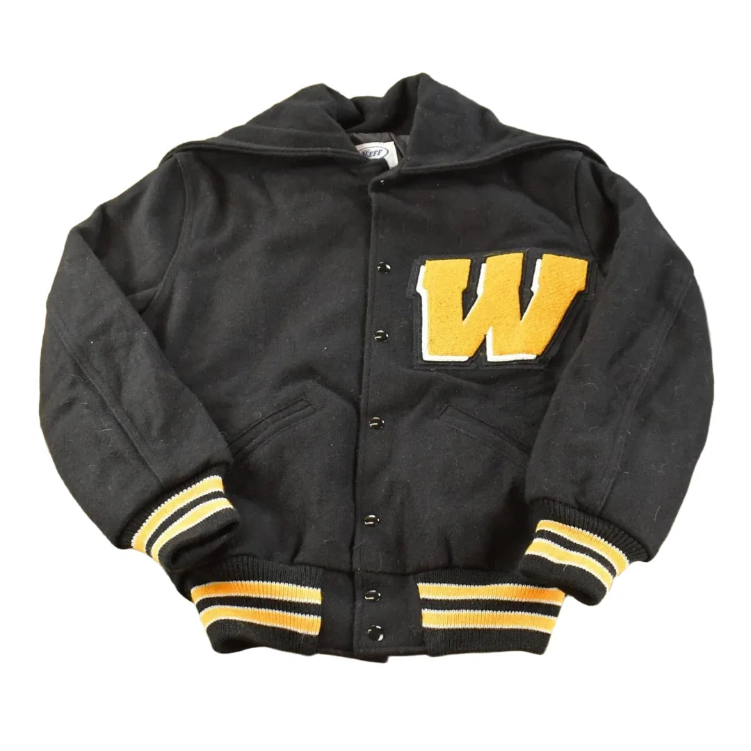 Vintage 1990 Neff Chenille Patch Split Hood Bulldogs Lined Wool Varsity Bomber Jacket Men's M / Made in USA / 90s Streetwear from propervintagecanada