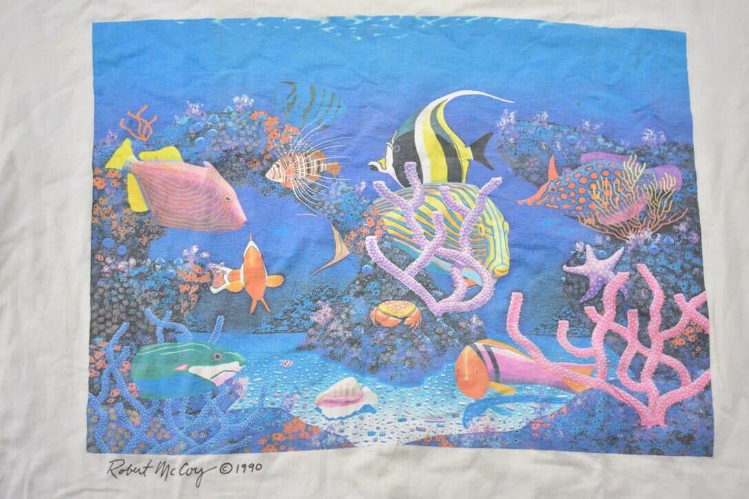 Vintage 1990 Ocean Fishes Theme Bonfire Graphic T-Shirt Single Stitch Men's Large from propervintagecanada