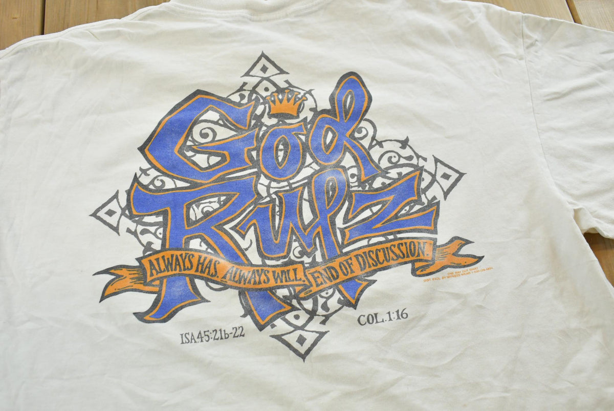 Vintage 1990 Religious God Rules Christianity Jesus T-Shirt Mens XL from propervintagecanada
