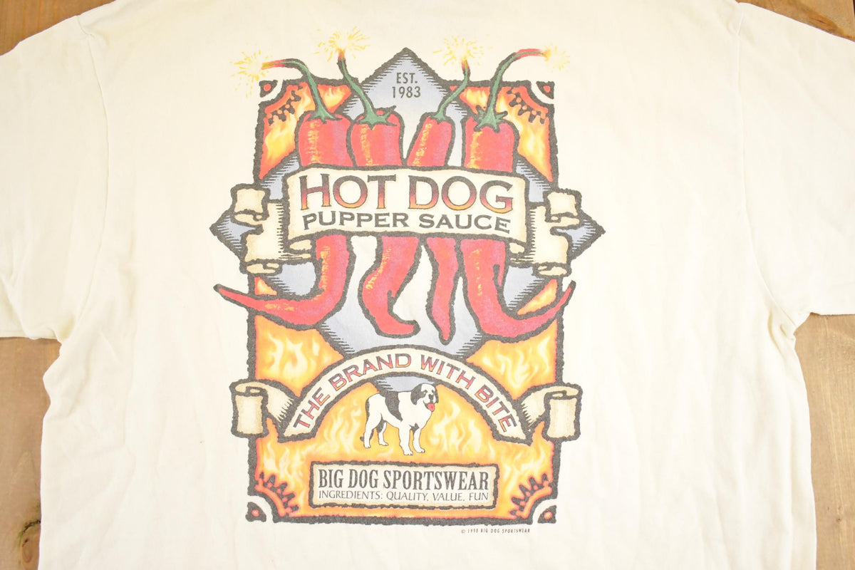 Vintage 1990's Big Dogs Hot Pepper Sauce Souvenir Travel T-Shirt Mens L from propervintagecanada