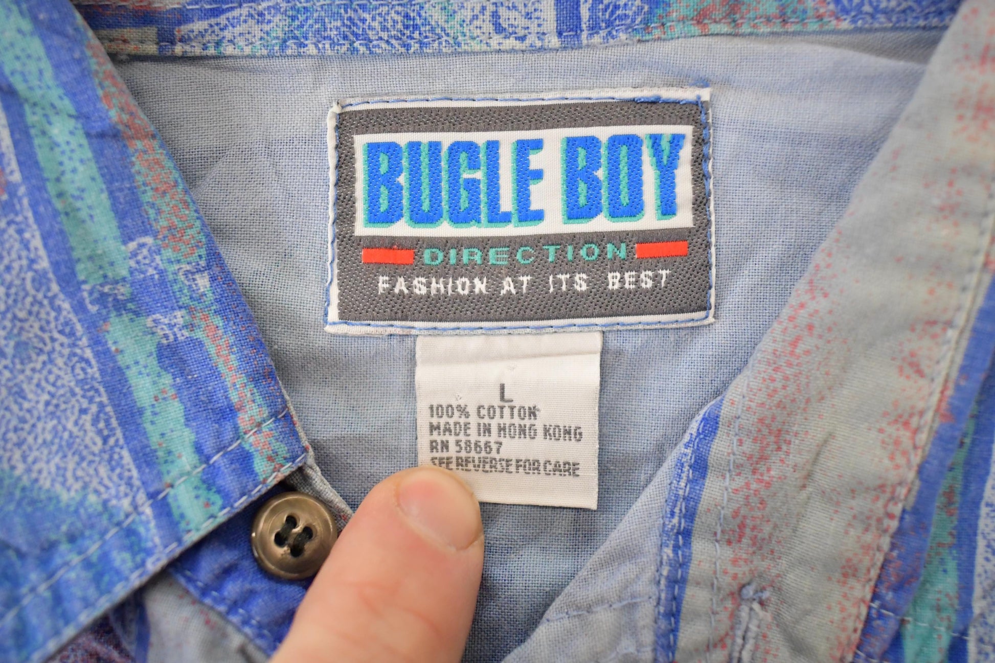 Vintage 1990's Bugle Boy Abstract Button Up Shirt Men's XL from propervintagecanada